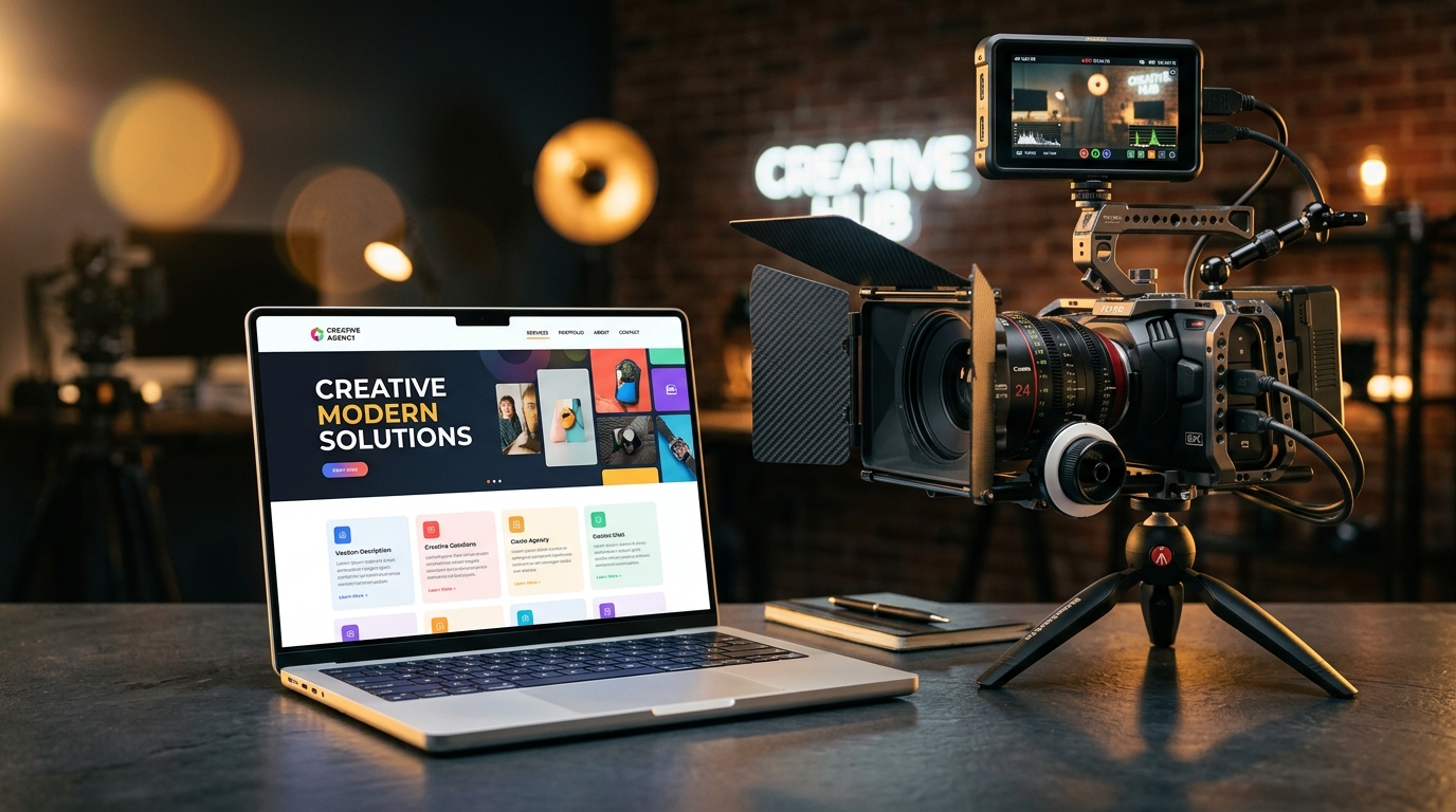 Creative Agency Laptop and Cinema Studio Camera Equipment