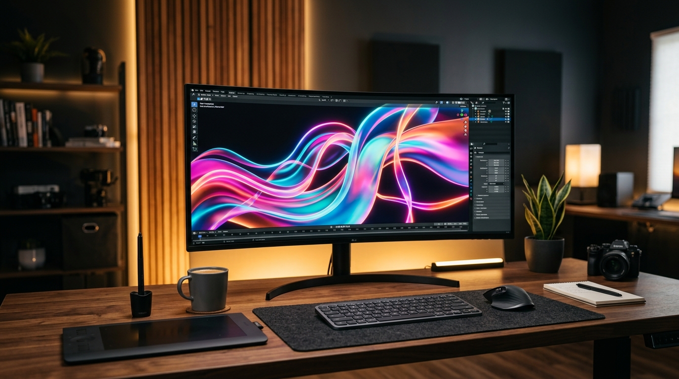 Premium Creative Workstation with Vibrant Graphic Design Display